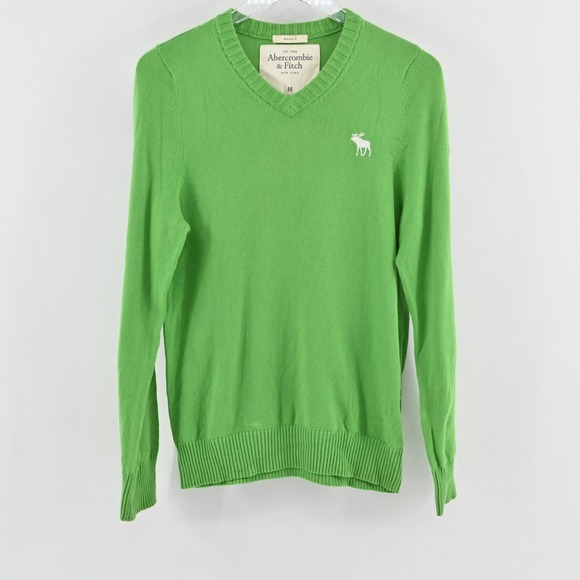 Abercrombie Fitch Mens Sweater Size M Muscle Green V Neck Preppy Y2k Cashmere - Picture 1 of 13